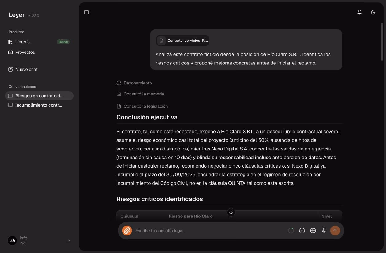 Captura del análisis de un documento adjuntado en Leyer