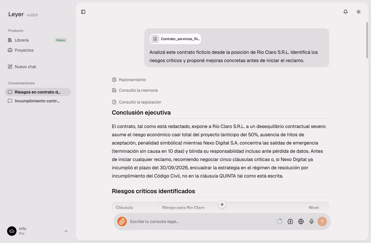 Captura del análisis de un documento adjuntado en Leyer