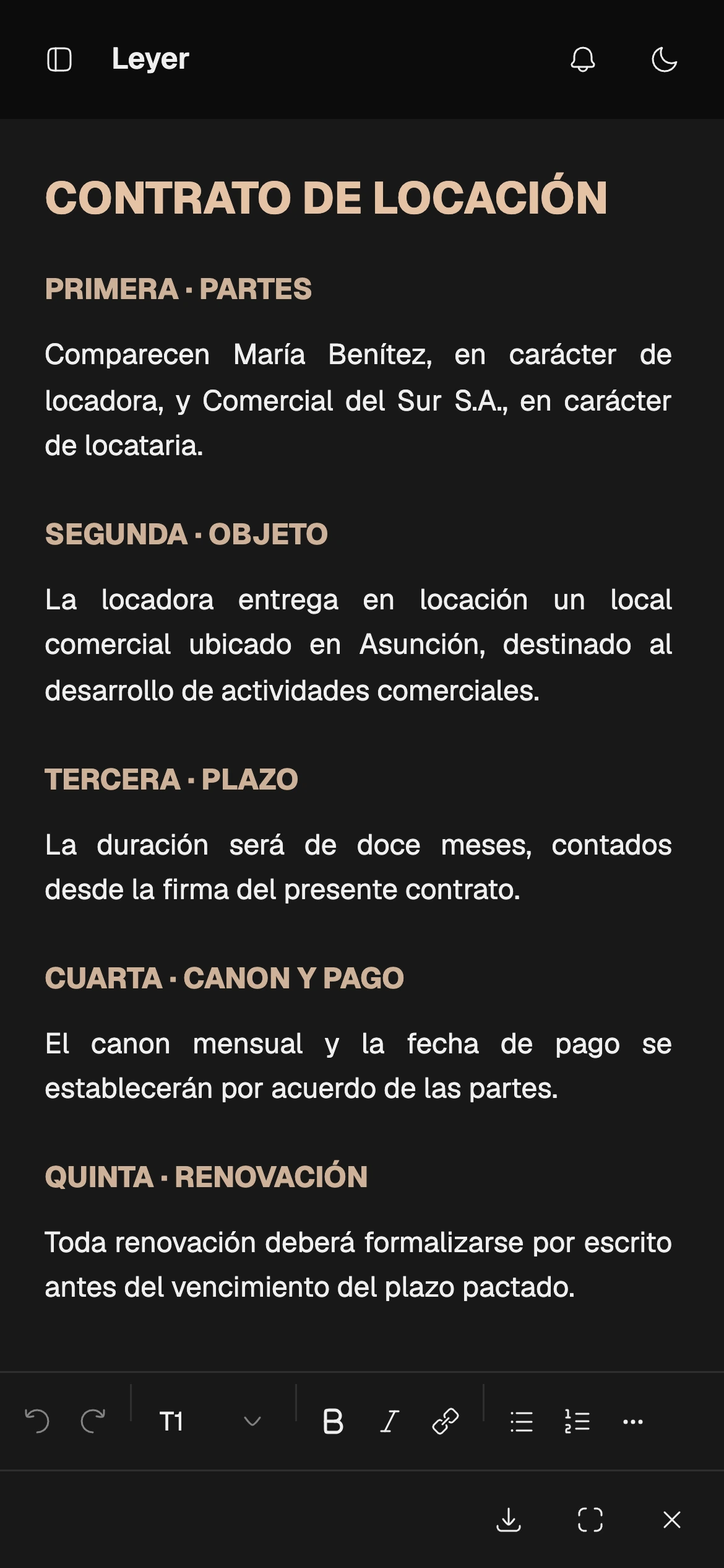 Captura de la generación de un documento en el canvas de Leyer