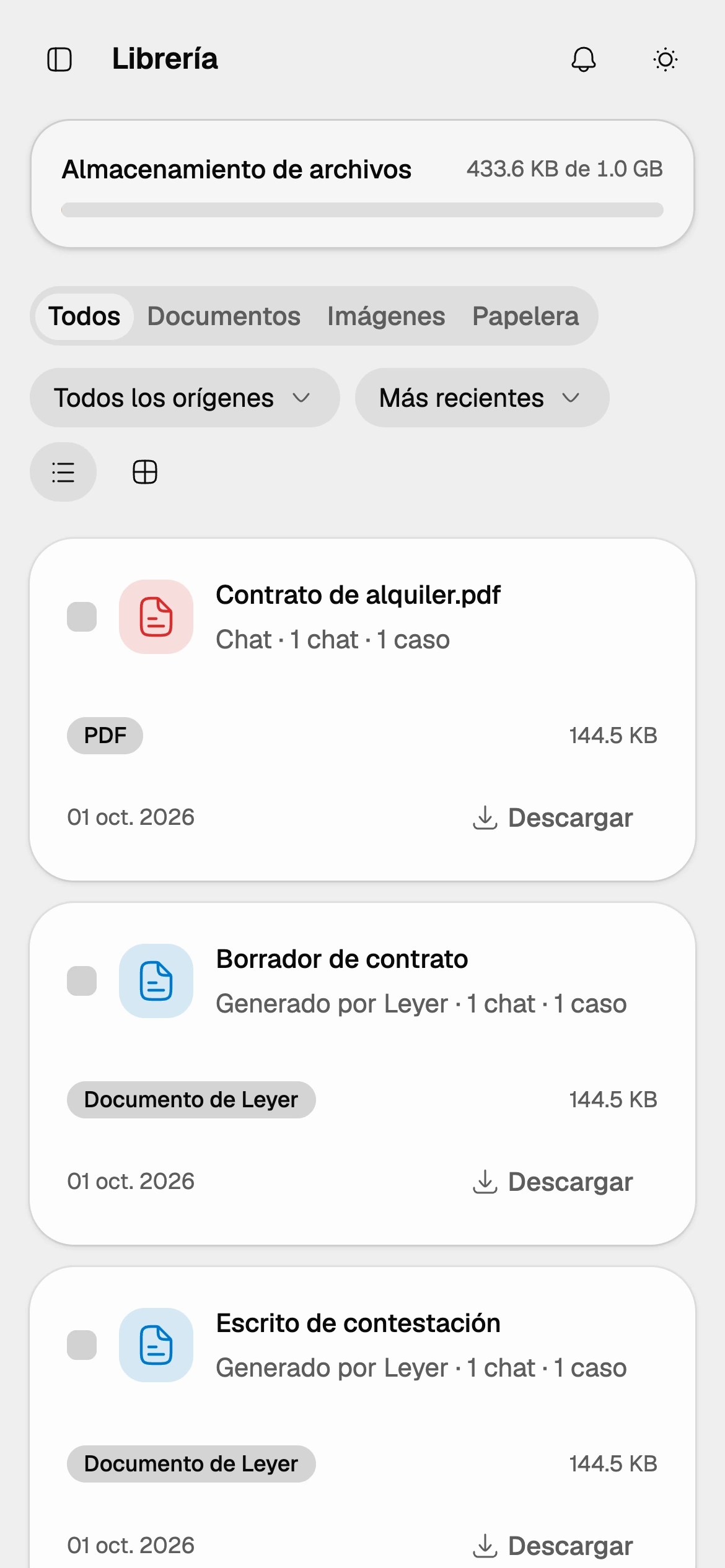 Librería de Leyer con documentos creados y archivos subidos