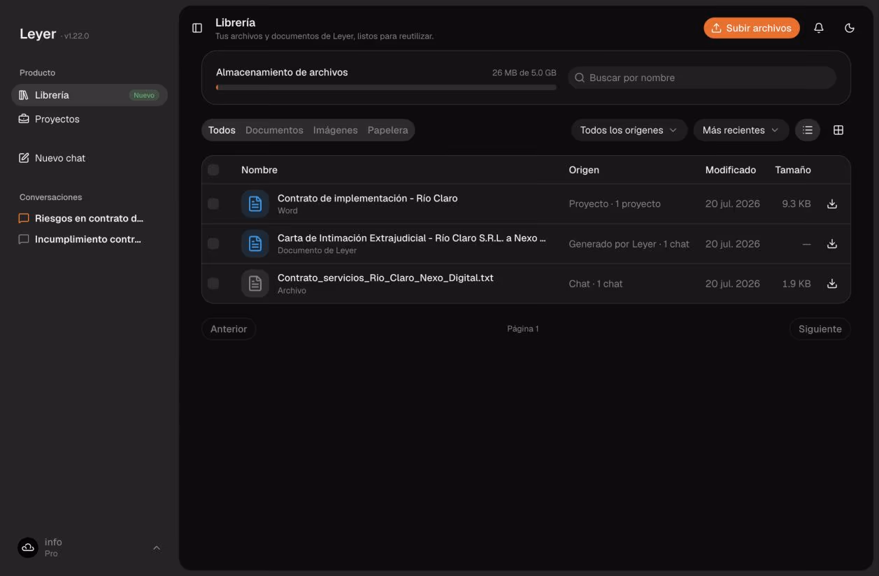 Librería de Leyer con documentos creados y archivos subidos