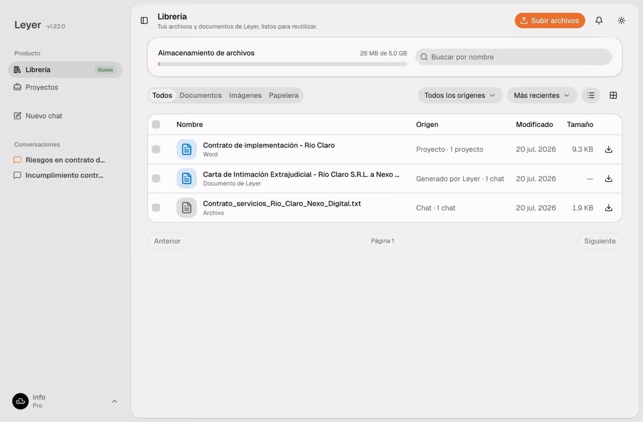 Librería de Leyer con documentos creados y archivos subidos