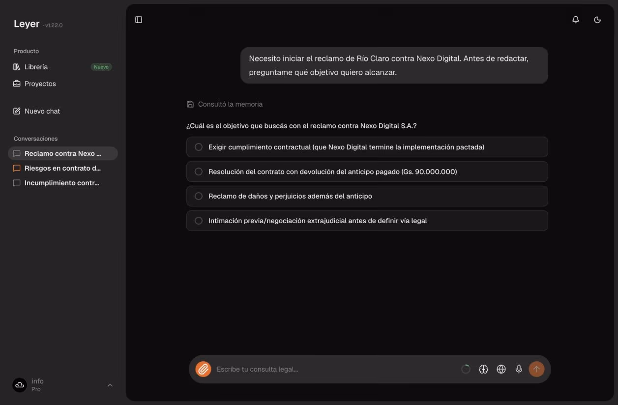 Leyer presentando opciones para precisar una estrategia legal