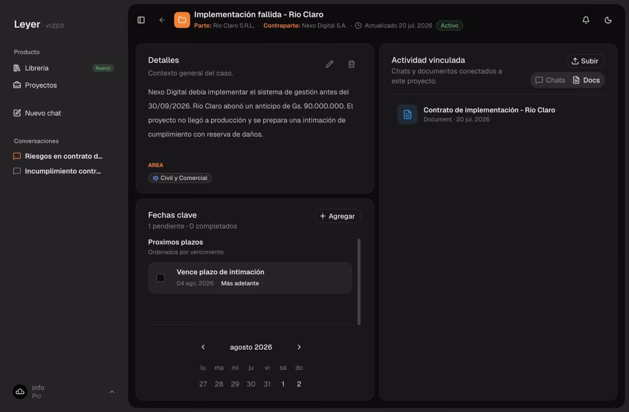 Captura de un proyecto en Leyer con fechas clave y documentos vinculados