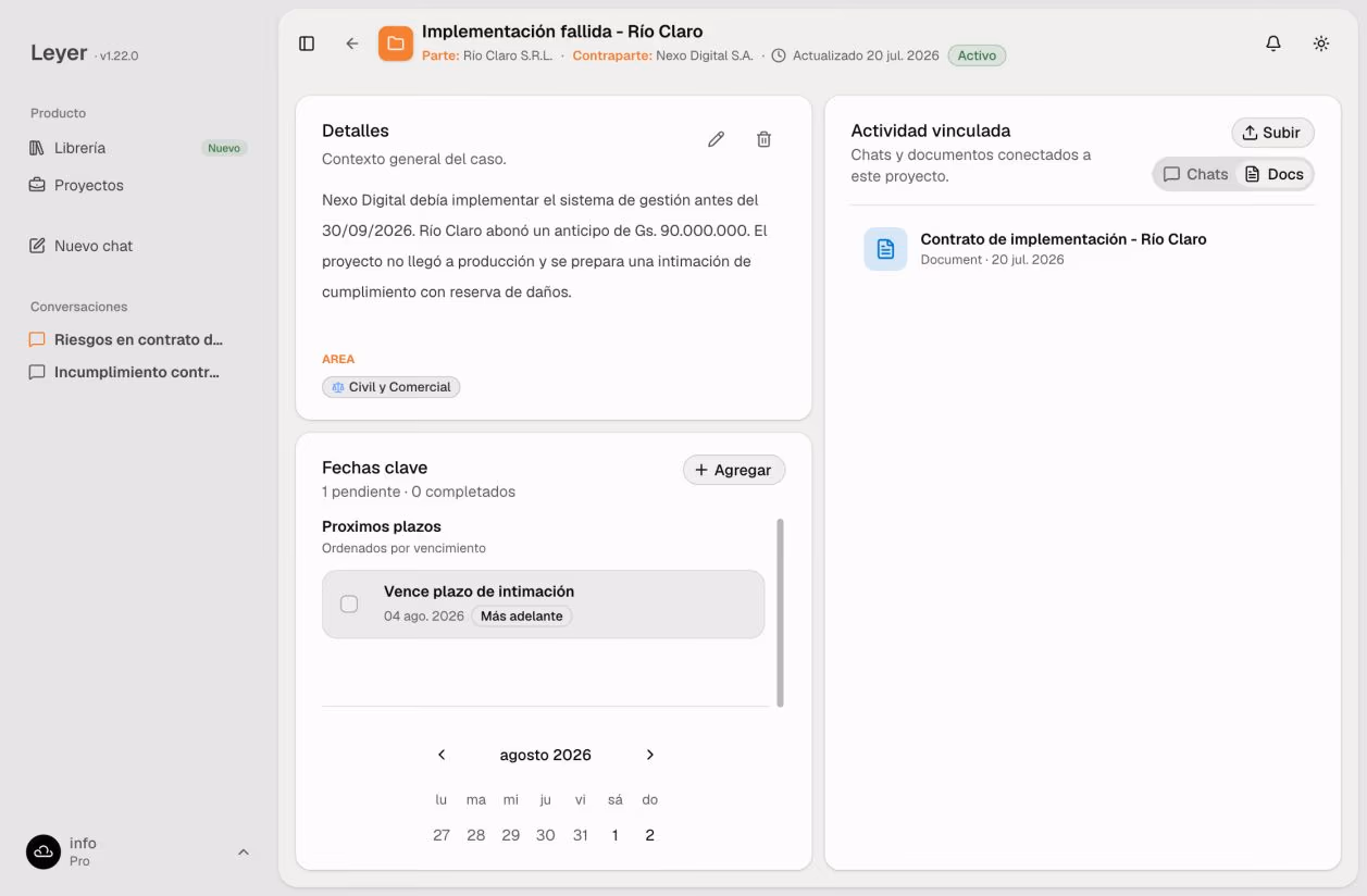 Captura de un proyecto en Leyer con fechas clave y documentos vinculados